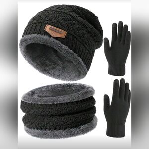 3Pcs Winter Beanie Hat Circle Scarves Touchscreen Gloves Set, Warm Thick Thermal
